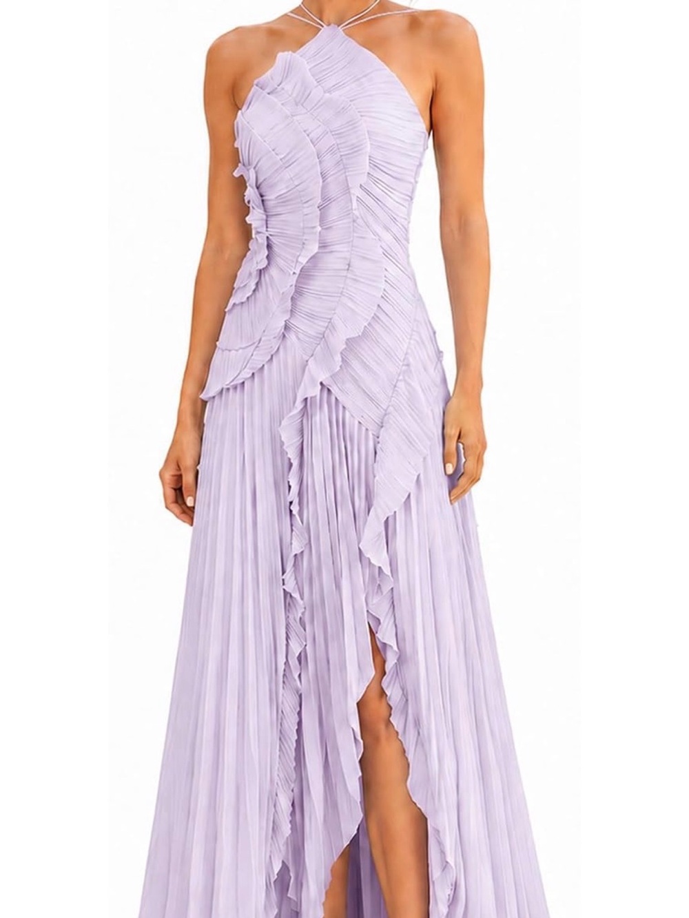 Lavender One-Shoulder Ruffle Pleated Midi Dress